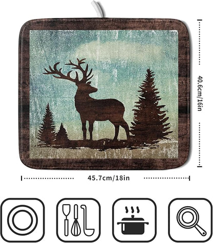Giwawa Retro Deer Forest Cabin Silhouette Dish Drying Mat Countertop 16x18 Fall Blue Sky Cloud Cartoon Elk Wild Animal Bushes Drainer Mat Pine Tree Grass Dishes Pad Rustic Dish Drainer Rack