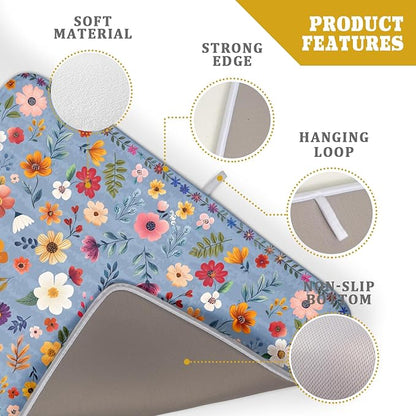 Colorful Flower Dish Drying Mat - Blue Large Floral Coffee Mat for Kitchen Counter Decor 18 X 24 - Image 4