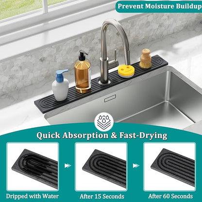Stone Faucet Mat for Kitchen Sink - Quick Dry Diatomite Sink Splash Guard, Prevents Moisture Buildup & Water Stains, Water Absorbing Stone Tray for Bathroom Countertop (Dark Gray, 30" x 4")