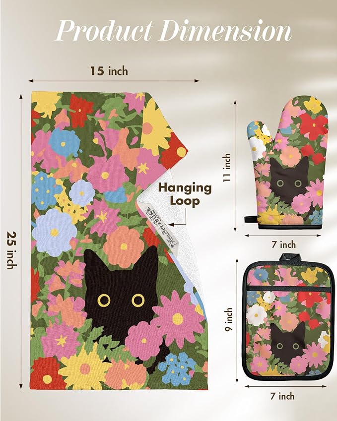 Miss Adola 270 GSM Cotton Kitchen Towels, Oven Mitt and Pot Holder - 4 Pack Kitchen Decor and Accessories Set Spring Cute Farmhouse Boho Quilted Lining Heat Resistant Set with Hanging Loop, Cat Flower - Image 5