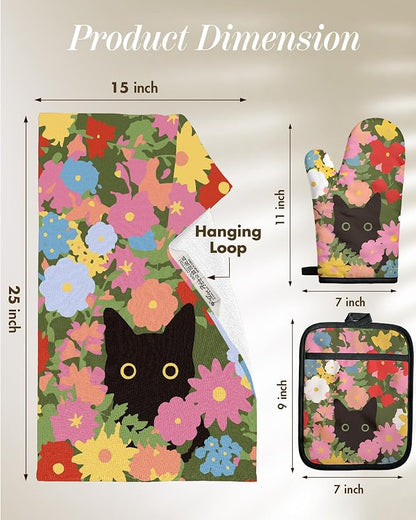Miss Adola 270 GSM Cotton Kitchen Towels, Oven Mitt and Pot Holder - 4 Pack Kitchen Decor and Accessories Set Spring Cute Farmhouse Boho Quilted Lining Heat Resistant Set with Hanging Loop, Cat Flower - Image 5