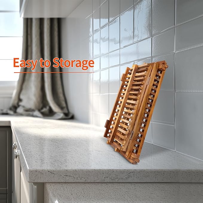 Utoplike 3 Tier Collapsible Teak Wood Dish Drying Rack, Foldable Large Capacity Dish Draine, Space-Saving Countertop Kitchen Organizer for Plates, Cups - Image 7