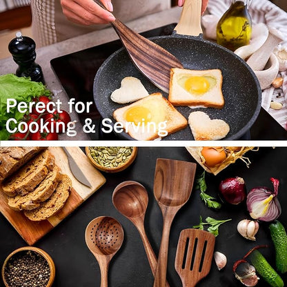 Wooden Spoons for Cooking 6 Piece, Natural Kitchen Utensils Spatula, Smooth Finish Wooden Cooking Utensils Spoons, Filter Spoon, Salad Fork - Image 4