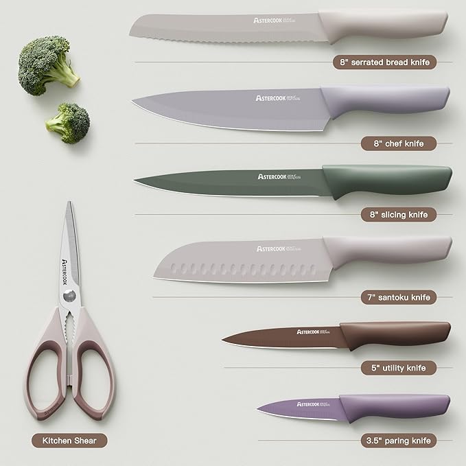 Astercook Knife Set, 13 Pieces Kitchen Knives Set with Healthy Anti-Rust Coating, Dishwasher Safe, Stainless Steel Chef Knife Sets with 6 Blade Guards, Perfect Mothers Day Gifts for Kitchen Morandi - Image 6