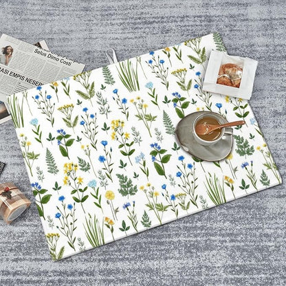 Blue Yellow Wildflower Dish Drying Mats for Kitchen Counter, Vintage Botanic Fern Leaves Floral Kitchen Drainer Pad, 18" x 24" Absorbent Microfiber Washable Reusable Dish Draining Mats, Home Decor