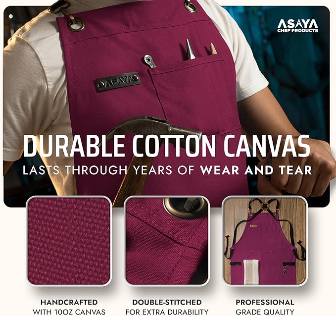 Asaya Chef and BBQ Apron with Bottle Opener and Hand Towel - 10oz Cotton Canvas, Stainless Steel Hardware - Cross Back Straps - Image 3
