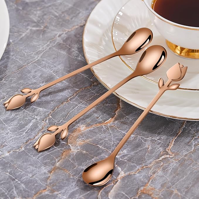 Rose Gold Tulip/Rose Handle 12-Pcs Mini Coffee Spoons Set - 6" Stainless Steel for Espresso, Tea, Dessert - Ideal for Demitasse & Small Servings - Image 8