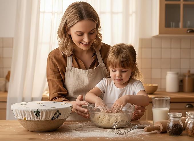 Reusable Bowl Covers (Set of 4) - Breathable Cotton Linen Sourdough Accessories - Elastic Durable Fabric Food Lids for Proofing Baskets & Bread Baking Supplies (Natural Beige) - Image 9