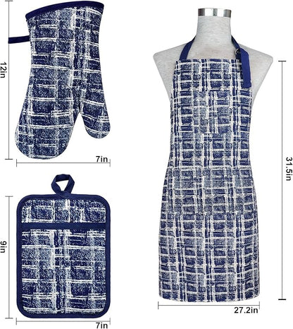 Alselo Oven Mitts and Pot Holders with Cooking Apron,Set of 5 Heat Resistant Kitchen Gloves and Silicone Non-Slip Potholders Adjustable Neck Buckle Chef Apron, Cotton Nice Design for Cooking (Navy)