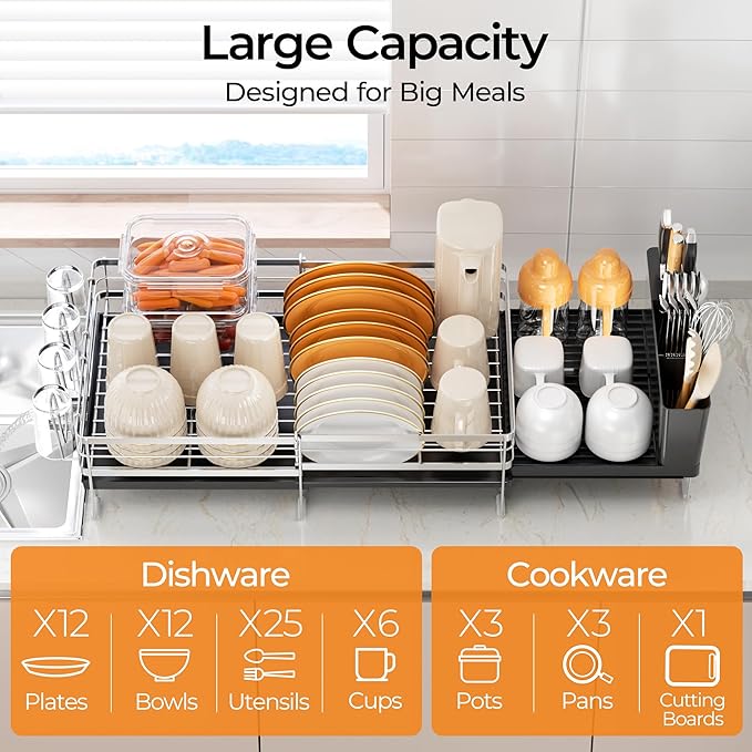 Delamu Stainless Steel Dish Drying Rack, Expandable Dish Drainer, Anti-Rust Large Dish Racks for Kitchen Counter, Dish Strainers with Drainboard, Utensil & Cup Holder, 13.4"-28.7" L x 11.8" W, Silver - Image 3