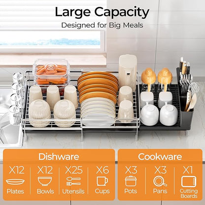 Delamu Stainless Steel Dish Drying Rack, Expandable Dish Drainer, Anti-Rust Large Dish Racks for Kitchen Counter, Dish Strainers with Drainboard, Utensil & Cup Holder, 13.4"-28.7" L x 11.8" W, Silver - Image 3