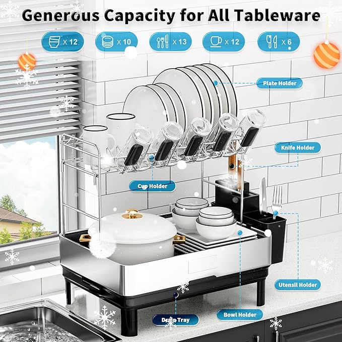 Ewaiira Dish Drying Rack, 2 Tier Large Dish Rack, Stainless Steel Dish Drainer for Kitchen Counter, Dishes Rack with Automatic Drainage, Utensil Holder,Cups Holder,Space Saving Kitchen Organizer,Black - Image 8
