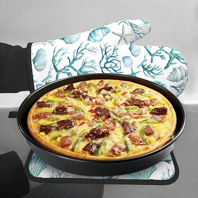 Nautical Oven Mitts and Pot Holders Sets Coastal Kitchen Mitts Potholders 2PCS Summer Starfish Seashell Coral Beach Oven Gloves Hot Pads for BBQ Grilling - Image 7