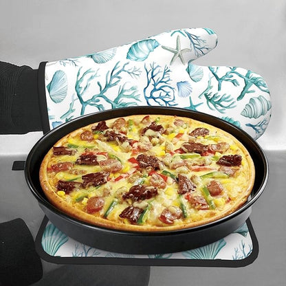 Nautical Oven Mitts and Pot Holders Sets Coastal Kitchen Mitts Potholders 2PCS Summer Starfish Seashell Coral Beach Oven Gloves Hot Pads for BBQ Grilling - Image 7