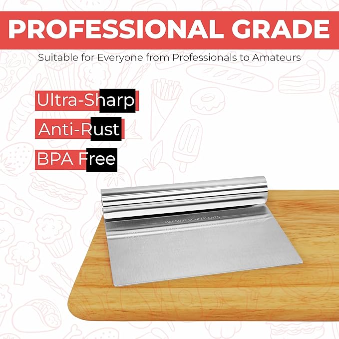 Bench Scraper for Baking, Food Scraper Stainless Steel Blade Dough Cutter with Engraved Measuring Guide & Equivalent Chart, Scraper Tool kitchen Use for Scrapping, Cutting, Chopping, 2 Pack -by RamPro - Image 6