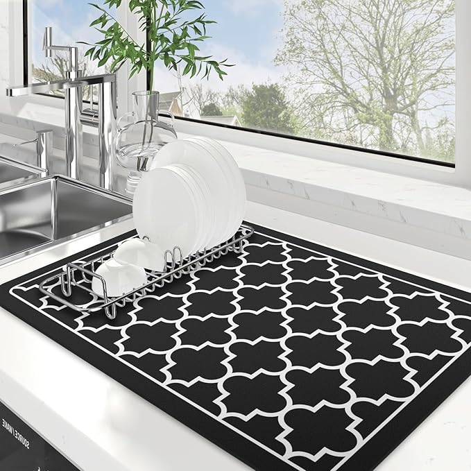 WISELIFE Dish Drying Mat Super Absorbent Drying Mat Large Dish Drying Mats for Kitchen Counter Easy Clean Dish Mat Kitchen Drying Mat16"x 24" Stylish Black by WiseLife