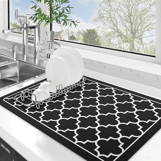 WISELIFE Dish Drying Mat Super Absorbent Drying Mat Large Dish Drying Mats for Kitchen Counter Easy Clean Dish Mat Kitchen Drying Mat16"x 24" Stylish Black by WiseLife