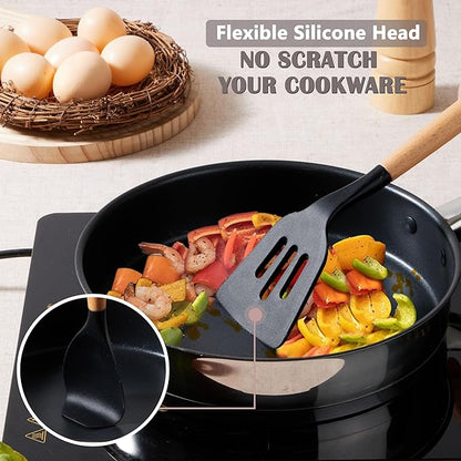 E-far Silicone Cooking Utensils Set, 5-Piece Black Kitchen Utensils Set with Wooden Handle for Cooking, Silicone Kitchen Nonstick Tools Spatula Turner Slotted Spoons, Nontoxic & Heat Resistant-Black - Image 4