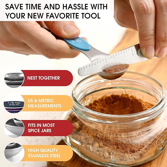 Spring Chef Stainless Steel Magnetic Measuring Spoons Set of 8 with Leveler, Dual Sided Metal Teaspoon & Tablespoon Measuring Spoons, Nesting Kitchen Gadgets for Baking & Cooking - Winter Frost - Image 6