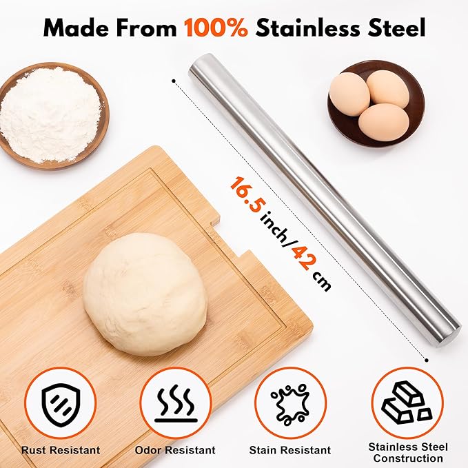 Rainspire Rolling Pins for Baking 304 Stainless Steel Dough Roller Perfect Baking Supplies Kitchen Essentials for Baking, Fondant, Pizza Dough Roller, Dumpling - Image 2