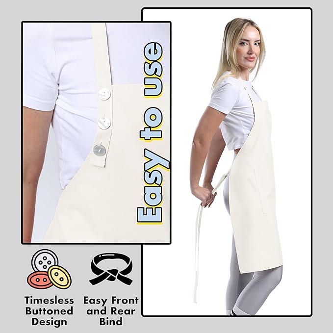 TOSHE Kitchen Apron Waterdrop Resistant Cotton Apron with adjustable Aprons for Women with Pockets 10 Color option Cooking Cream Apron (Cream) - Image 6