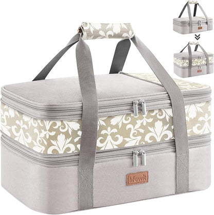Lifewit Insulated Double Decker Casserole Carrier, Expandable Lasagna Lugger Tote Bag for Hot or Cold Food, Fits 9" x 13" Baking Dish for Potluck Parties, Picnic and Cookouts, Grey-Flowers