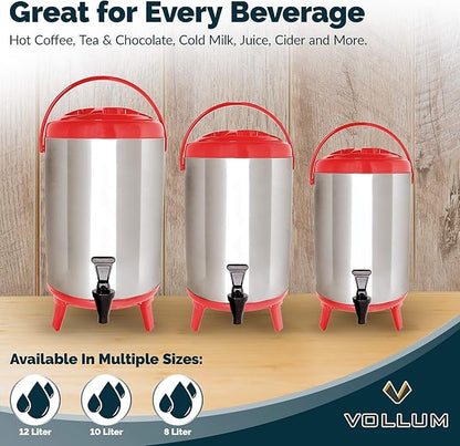 Vollum Stainless Steel Insulated Beverage Dispenser – Insulated Thermal Hot and Cold Coffee Carafe – 10 Liter Drink Dispenser with Spigot for Hot Water, Tea & Coffee, Cold Milk, Juice & More RED