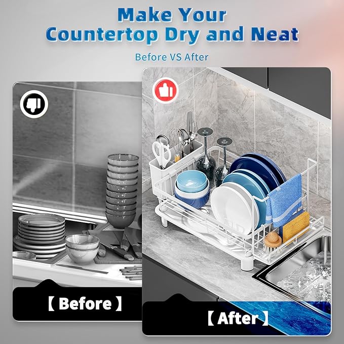 Dish Drying Rack, Stainless Steel-Dish Rack, Dish Racks for Kitchen Counter, Kitchen Dish Drainers with Removable Utensil Holder,New drain outlet,Plate Rack and Drainboard,(white 2 with Sponge Rack) - Image 4
