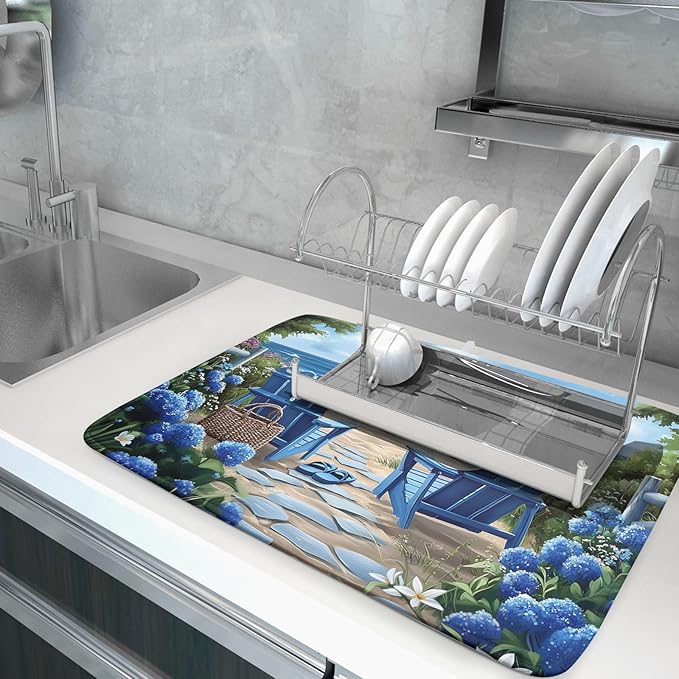 Summer Beach Dish Drying Mat 18x24 Inch Sea Shells Flowers Kitchen Mats Blue Microfiber Absorbent Dish Drainer Rack Mats Non-Slip Ocean Themed Sink Dishes Pad for Kitchen Counter Coffee Bar