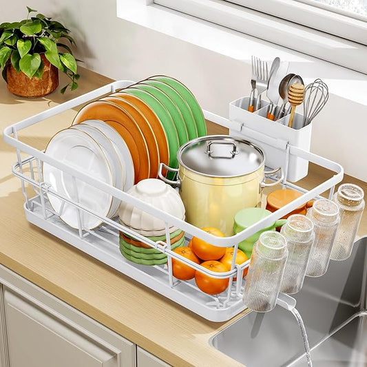 TOOLF Dish Drying Rack, Dish Racks for Kitchen Counter, Stainless Steel Sink Organization and Storage Essentials with Cutlery Holder, Dish Drainer, Home and Appartment Decor, 12.4''W x 16.5''L, White