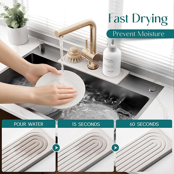 eormoe Faucet Mat for Kitchen Sink - Wider Diatomite Fast Drying Stone Sink Tray, Super Absorbent, Prevents Moisture Buildup - Faucet Splash Guard for Bathroom Counter (Light Grey, 15x5.3inch) - Image 3