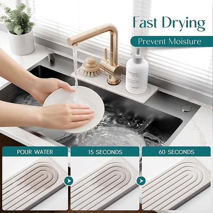 eormoe Faucet Mat for Kitchen Sink - Wider Diatomite Fast Drying Stone Sink Tray, Super Absorbent, Prevents Moisture Buildup - Faucet Splash Guard for Bathroom Counter (Light Grey, 15x5.3inch) - Image 3