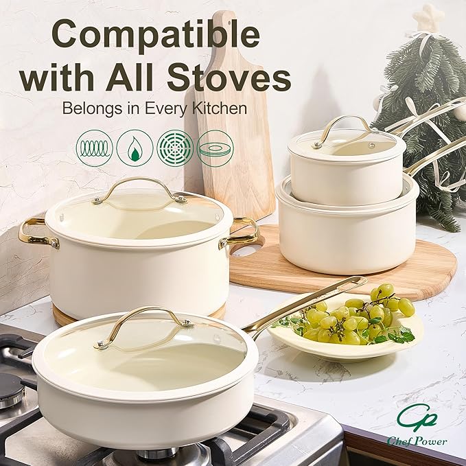 Chef Power Ceramic Frying Pan with Stainless Steel handle 5Pcs Set, Non Stick Grill Pan Set, Dishwasher and Oven Safe, Cream White and Light Gold Handle - Image 5