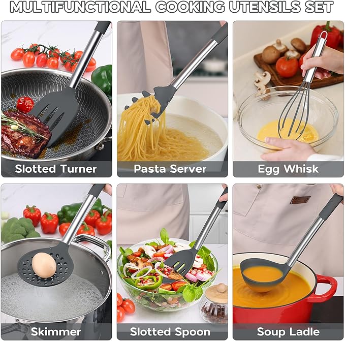 Onader Kitchen Cooking Utensils Set of 15, Silicone and Stainless Steel Utensils Spatula Set with Holder, Heat Resistant & Dishwasher Safe - Grey - Image 6