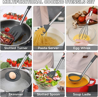 Onader Kitchen Cooking Utensils Set of 15, Silicone and Stainless Steel Utensils Spatula Set with Holder, Heat Resistant & Dishwasher Safe - Grey - Image 6