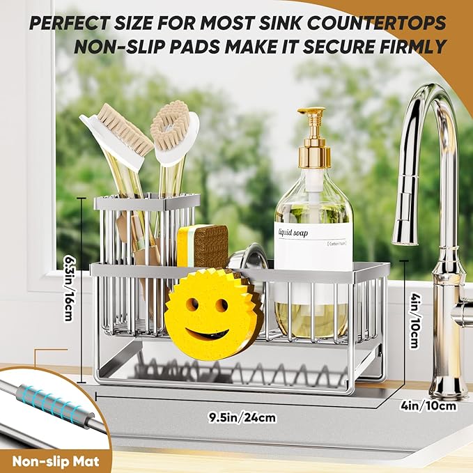 Sponge Holder for Kitchen Sink,Smiley Face Sink Caddy with Removable Brush Holder,Self-Draining Sponge Caddy for Soap,Dish Brush,Scrubber,Kitchen Essentials and Gadgets-Silver - Image 2