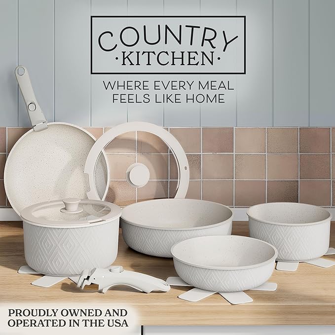 Country Kitchen Cookware Set with Removable Handle, Oven & RV Safe Pots and Pans Set, Cream Rhombus, Original - Image 2