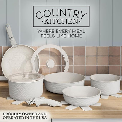 Country Kitchen Cookware Set with Removable Handle, Oven & RV Safe Pots and Pans Set, Cream Rhombus, Original - Image 2