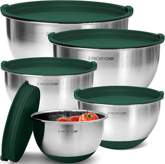 Priority Chef Premium Mixing Bowls With Airtight Lids Set, Thicker Stainless Steel Mixing Bowl Set, Large Prep Metal Bowls with Lids, Nesting Bowls for Kitchen, 1.5/2/3/4/5 Qrt, Green by PriorityChef