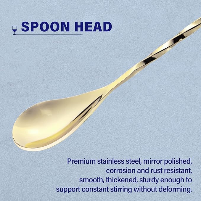 2 Pcs 12 Inches Bar Spoon, Long Handle Mixing Stirrers for Drink, Briout Stainless Steel Bar Cocktail Shaker Spoon, Gold - Image 3