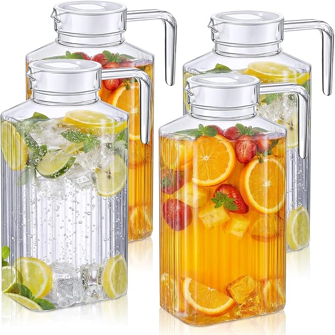 Panitay 4 Pcs 51 Ounces Plastic Pitcher with Lid Clear Acrylic Refrigerator Safe Pitcher Shatter Proof Juice Containers with Lids for Water Milk Sangria Lemonade Cold Drinks by Panitay