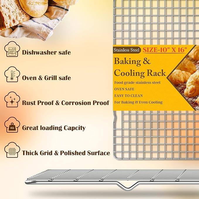 2PCS Cooling Racks for Cooking and Baking - 10" x 16"Heavy Duty Stainless Steel Wire Rack for Baking, Grilling, Roasting - Oven & Dishwasher Safe - Fits Half Sheet Pan（Silver） - Image 2