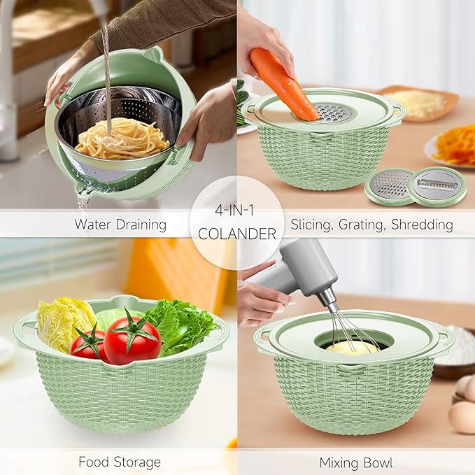 4-1 Strainer with Bowl & Spoons Set - Strainers and Colanders - Colanders for kitchen(Patented) - Pasta Strainer with Upgraded Graters & Spoons for Fruit Veggie Kitchen Essentials, Green - Image 2