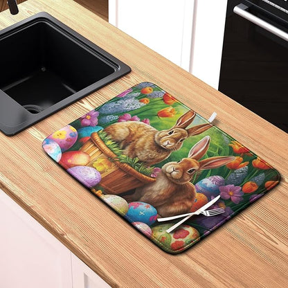 Easter Bunny Eggs Dish Drying Mat for Kitchen Counter, Tulip Floral Flower Drying Mat Spring Summer Holiday Dish Mat Drying Kitchen Mat Absorbent Kitchen Drying Mat for Sink 18x24Inch - Image 6