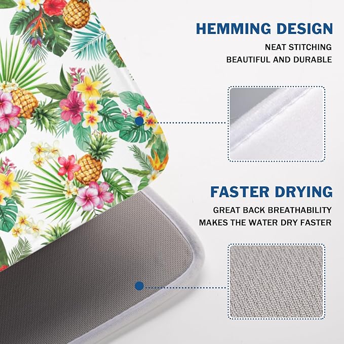 Summer Tropical Dish Drying Mat for Kitchen Counter Hawaii Palm Leaves Floral Pineapple Microfiber Dish Drainer Mat Rustic Absorbent Washable Drying Pad Extra Large 18"x24"