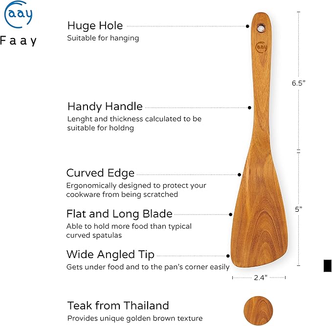 FAAY 11.5 Inch Teak Wood Spatula/Turner for RIGHT Hand | Versatile Spatula, Durable, Healthy and High Moist Resistance for Non Stick Cookware - Image 2
