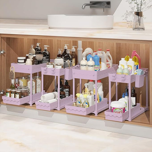 Sevenblue Under Sink Organizer, Bathroom Organizers and Storage, 2 Tier Multi-Use Pull Out Cabinet Organizer with Hang Hooks and Cups (Pink, 4 Pack) by Sevenblue