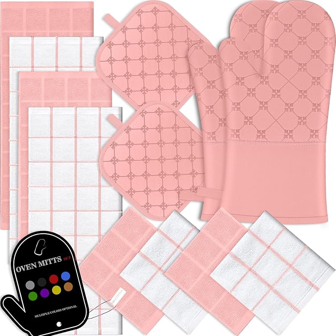 Oven Mitts Kitchen Towels Dishcloths with Pot Holders Sets 12PCS, Dish Towels Sets, Oven Gloves Pot Pads Heat Resistant 500 Degrees with Non-Slip Silicone Surface for Cooking Baking Grilling-Pink by BSKSSK