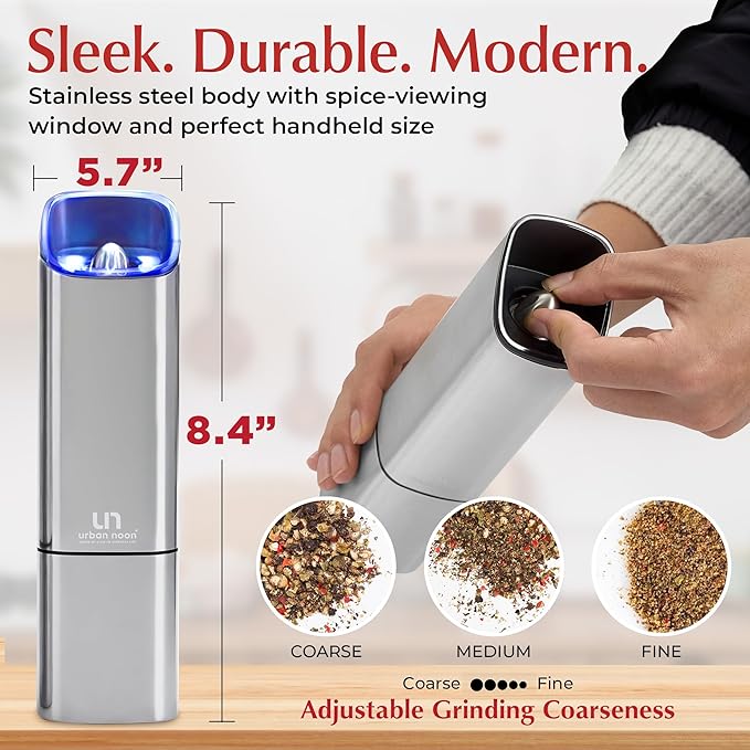 Automatic Salt and Pepper Grinder Set - Rechargeable Electric Salt and Pepper Shakers with Adjustable Coarseness, LED Light, One-Handed Use, Gravity Salt Grinder and Electric Pepper Mill - Image 5