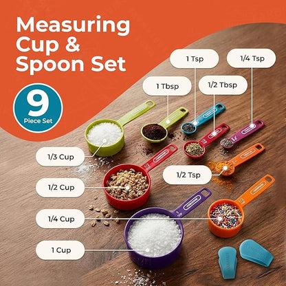 Farberware Kitchen Basics Measuring Cup & Spoon Set – 9-Piece Colorful Nesting Stackable Cups & Spoons with Ring Organizer, Easy-Read Markings for Cooking & Baking, Durable Plastic Kitchen Tools - Image 3
